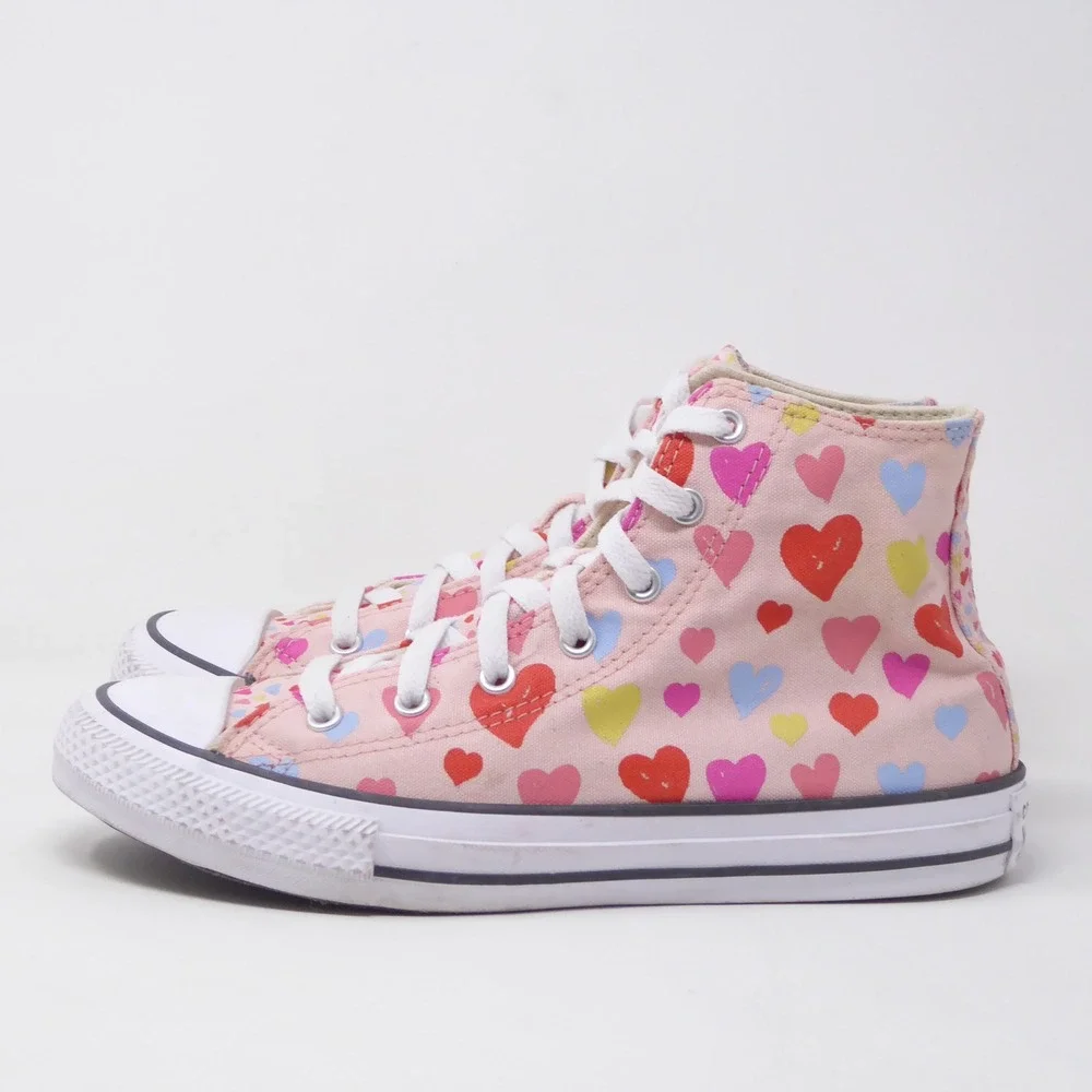 Converse Kid Junior High Top Sneakers Pink Red Heart Print Canvas Size 5.5